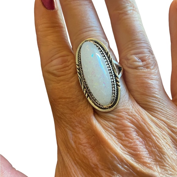 Antique Silver with Shimmer White Stone Ring - Picture 2 of 4